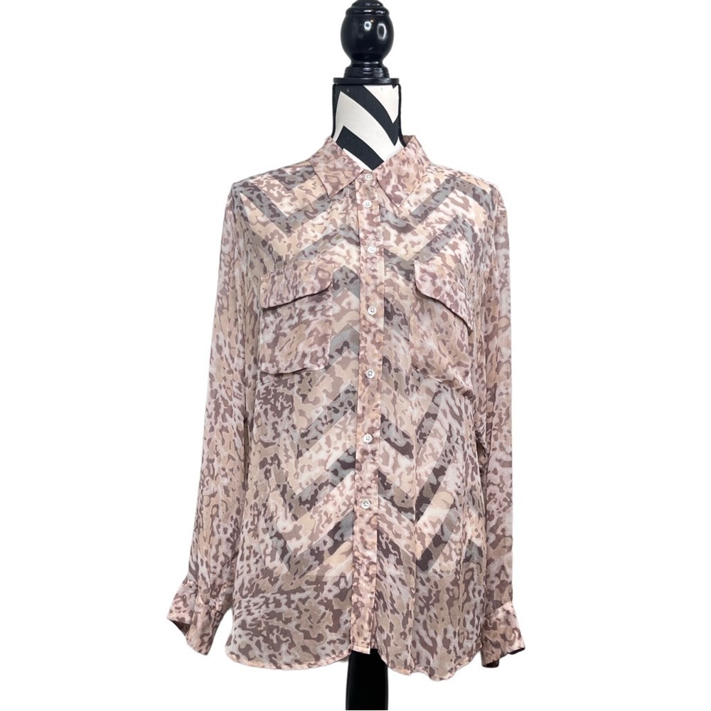Equipment 100% Silk Sheer Leopard Print Long-Sleeve Button Down Front Blouse